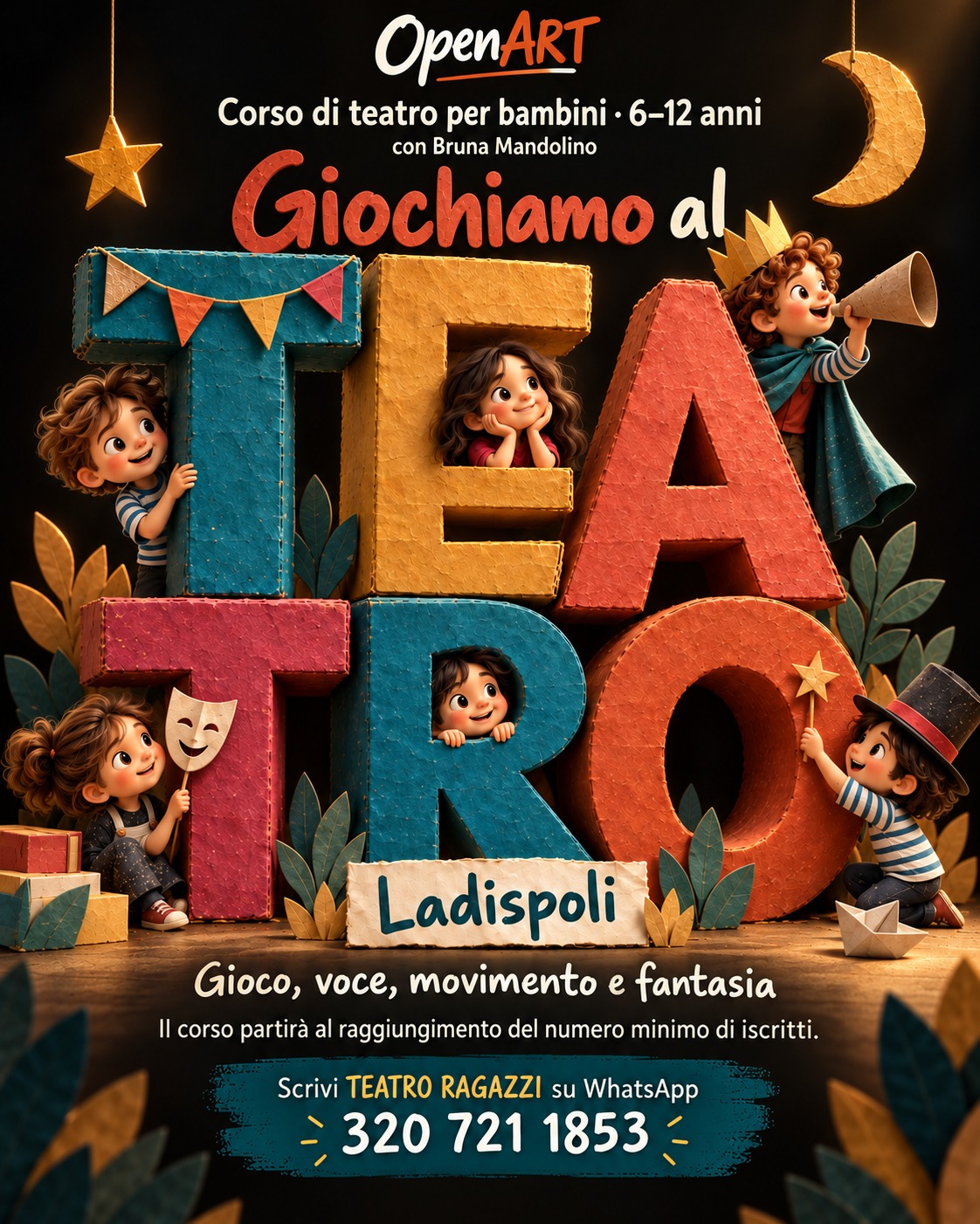 Locandina Giochiamo al teatro: bambini e personaggi tra grandi lettere tridimensionali su un palcoscenico nero